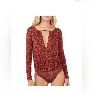 FREE PEOPLE INTIMATELY red floral Kaya cutout bodysuit sz Med